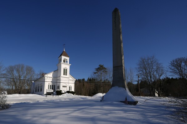 A memorial for the town's namesake, Arthur Noble II, is seen in a park across the street from the First Baptist Church in Nobleboro, Maine, Tuesday, Feb.. 11, 2025, in Nobleboro. (AP Photo/Robert F. Bukaty)