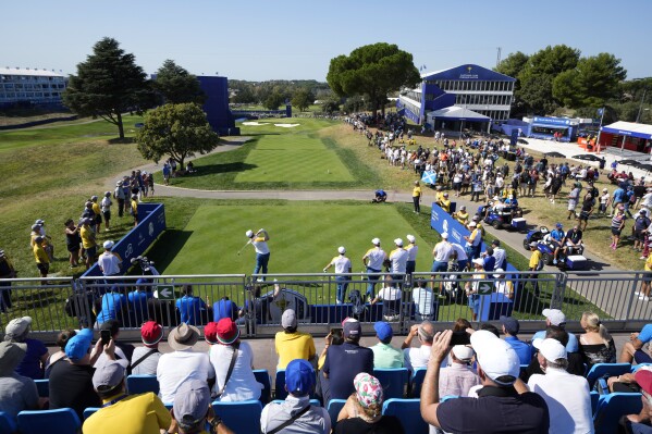 A spectators view of the the 7th hole during a practice round ahead of the Ryder Cup at the Marco Simone Golf Club in Guidonia Montecelio, Italy, Tuesday, Sept. 26, 2023. The Ryder Cup starts Sept. 29, at the Marco Simone Golf Club. (AP Photo/Andrew Medichini)
