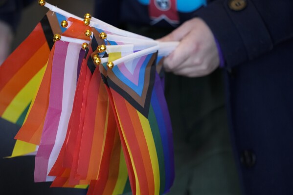 FILE - Pride flags are held at the Tennessee Capitol, Jan. 22, 2024, in Nashville, Tenn. Dozens of health officials, civil rights groups, individuals and businesses have weighed in about how the U.S. Census Bureau should ask about sexual orientation and gender identity for the first time on its most comprehensive survey of American life. An Associated Press review of the 91 written public comments posted in January 2024 shows them to be largely supportive of the proposed additions, though not without constructive criticism. (AP Photo/George Walker IV, File)