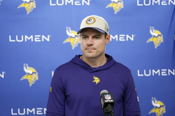 Minnesota Vikings head coach Kevin O'Connell addresses the media after an NFL football game against the Detroit Lions, Sunday, Jan. 7, 2024, in Detroit. (AP Photo/Paul Sancya)