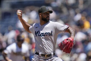 Miami Marlins starting pitcher Sandy Alcantara works against a San Diego Padres batter during the first inning of a baseball game Wednesday, Aug. 23, 2023, in San Diego. (AP Photo/Gregory Bull)