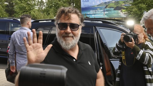 Actor and musician Russell Crowe arrives to the 57th Karlovy Vary International Film Festival (KVIFF), Wednesday, June 28, 2023, in Karlovy Vary, Czech Republic. (Slavomir Kubes/CTK via AP)