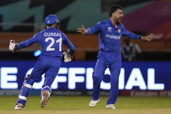 Afghanistan's captain Rashid Khan celebrates after he bowled New Zealand's Mark Chapman during an ICC Men's T20 World Cup cricket match at Guyana National Stadium in Providence, Guyana, Friday, June 7, 2024. (AP Photo/Ramon Espinosa)