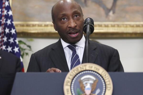 FILE - In this July 20, 2017 file photo, Merck CEO Ken Frazier speaks in the Roosevelt Room of the White House in Washington. Merck is entering a new era, with sweeping changes across its executive suite and the spinoff off its women's health and other businesses, a bid to enable both resulting companies to grow faster.  The massive management makeover, mostly triggered by Frazier's upcoming retirement, occurs as the drugmaker says hits to sales of many of its medicines amid lockdowns and other impacts from the coronavirus pandemic will lessen and sales will rise over the rest of the year.  (AP Photo/Alex Brandon, File)