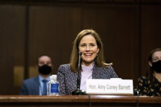 Supreme Court nominee Amy Coney Barrett testifies during the third day of her confirmation hearings before the Senate Judiciary Committee on Capitol Hill in Washington, Wednesday, Oct. 14, 2020. (Anna Moneymaker/The New York Times via AP, Pool)