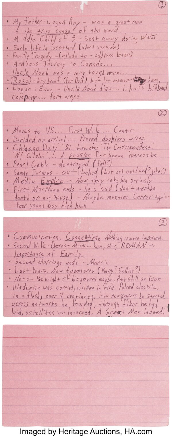 This undated image provided by Heritage Auctions shows the index card containing Roman Roy's (played by Kieran Culkin) eulogy notes for his father's funeral from the HBO series 