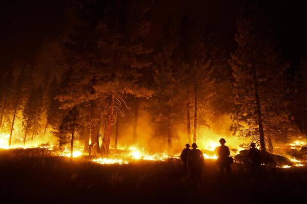 A firefighter lights a backfire to stop the Caldor Fire from spreading near South Lake Tahoe, Calif., Wednesday, Sept. 1, 2021. (AP Photo/Jae C. Hong)