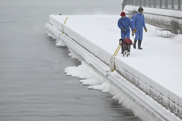 2024年1月4日木曜日、フィンランド・ヘルシンキ南部の桟橋で、厚着をした夫婦と愛犬が海沿いを散歩する。昨晩フィンランドで最も寒かった気温はラップランド北部のイノンティキの町で、摂氏マイナス42度に達した。 。  (ヘイキ・サウクマ/Lehticova、AP経由)