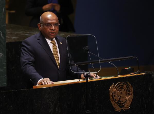 President of the General Assembly Abdulla Shahid speaks at a High-level meeting on the U.N. World Conference Against Racism during the 76th Session of the U.N. General Assembly at United Nations headquarters in New York, on Wednesday, Sept. 22, 2021. (John Angelillo/Pool Photo via AP)