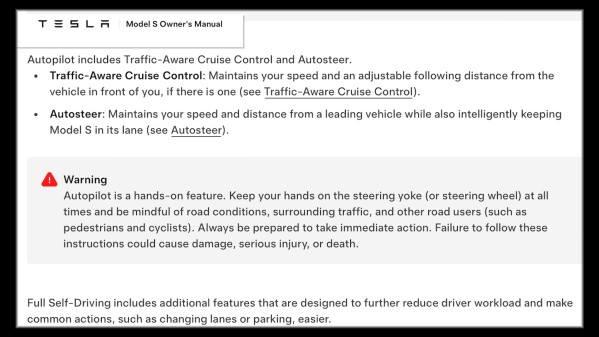 This screenshot from an owner's manual warns about limitations of Tesla's Autopilot feature. (AP Illustration/Allen G. Breed)