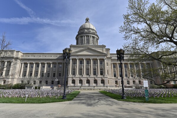 FILE - The exterior of the Kentucky Capitol is viewed April 7, 2021, in Frankfort, Ky. All of Donald Trump's top opponents for the Republican nomination for president dropped out of the race weeks ago, but the whole gang will be back together on Kentucky's primary ballot on Tuesday. (AP Photo/Timothy D. Easley, File)