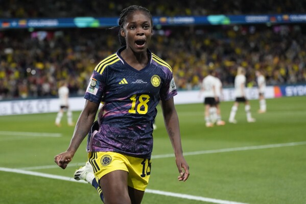 Colombia's Linda Caicedo celebrates after scoring her side's opening goal during the Women's World Cup Group H soccer match between Germany and Colombia at the Sydney Football Stadium in Sydney, Australia, Sunday, July 30, 2023. (AP Photo/Rick Rycroft)