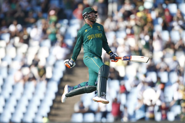 South Africa's Heinrich Klaasen celebrates his century during the fourth ODI between South Africa and Australia in Pretoria, South Africa, Friday, Sept. 15, 2023. (AP Photo)