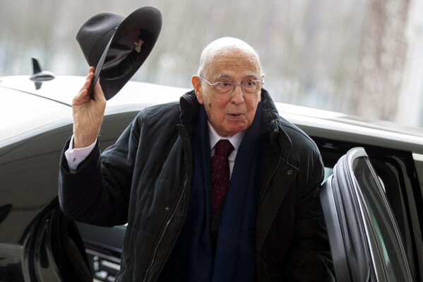 FILE - In this Feb. 28, 2013 file photo Italian President Giorgio Napolitano arrives for a meeting with German Chancellor Angela Merkel at the chancellery in Berlin, Germany. Giorgio Napolitano, the first former Communist to rise to Italy’s top job — president of the Republic — and the first president to be re-elected, has died Friday, Sept. 22, 2023. He was 98. (AP Photo/Markus Schreiber, File)