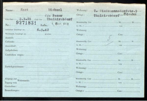 An image of an ID card issued by Germany's Federal Archive that shows that an 18-year-old named Michael Kast joined the National Socialist German Workers' Party, or NSDAP, on Sept. 1, 1942. While the Federal Archive couldn't confirm whether Michael Kast was the German-born father of the Chilean presidential frontrunner José Antonio Kast, the date and place of birth listed on the card matches that of José Antonio Kast's father, who died in 2014. A copy of the ID card, identified with the membership number 9271831, was previously posted on social media by Chilean journalist Mauricio Weibel. (German Federal Archive via AP)