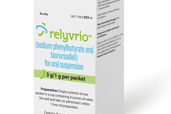 FILE - This image provided by Amylyx Pharmaceuticals shows the drug Relyvrio. The maker of a much-debated drug for Lou Gehrig’s disease said Friday, March 8, 2024 its therapy failed to help patients in a large follow-up study, but stopped short of committing to follow through on a prior pledge to pull the drug from the U.S. market. (Amylyx Pharmaceuticals via AP)