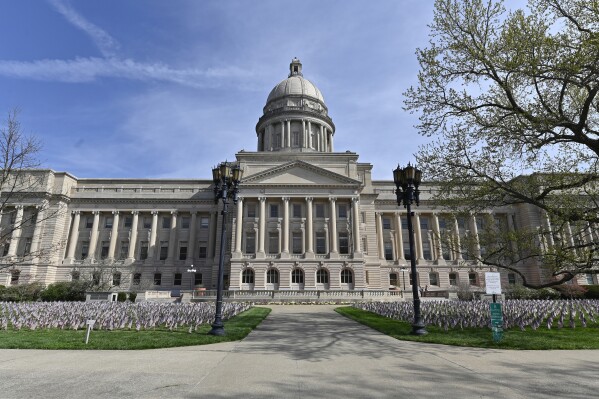 FILE - The exterior of the Kentucky State Capitol is pictured in Frankfort, Ky., April 7, 2021. Ten jurisdictions have yet to weigh in on the presidential primaries even though Joe Biden and Donald Trump locked in their parties' nominations months ago. Voters in two of them, Kentucky and Oregon, will get their chance on Tuesday, May 21, 2024. They will make symbolic decisions that provide a few more delegates to the national conventions and a gut check on where the Democratic and Republican bases stand toward their standard bearers. (AP Photo/Timothy D. Easley, File)
