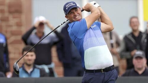 Ireland's Padraig Harrington in action on the third tee during day two of the Genesis Scottish Open 2023 at The Renaissance Club, North Berwick, Scotland, Friday July 14, 2023. (Steve Welsh/PA via AP)