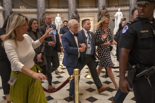 Speaker of the House pro tempore Rep. Patrick McHenry, R-N.C., leaves the Speaker's office to go the floor of the House on Capitol Hill, Wednesday, Oct. 4, 2023 in Washington. (AP Photo/Mark Schiefelbein)