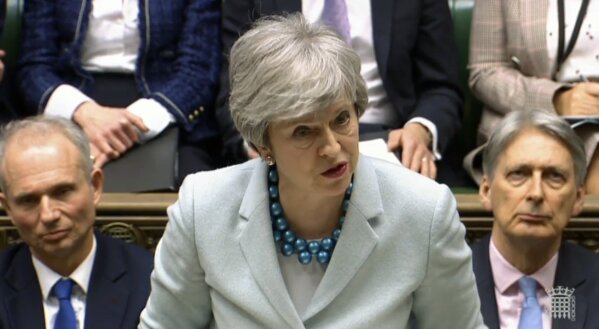 
              Britain's Prime Minister Theresa May makes a statement on Brexit to lawmakers in the House of Commons, London, Monday March 25, 2019.  May is under intense pressure Monday to win support for her Brexit deal to split from Europe.(House of Commons via AP)
            