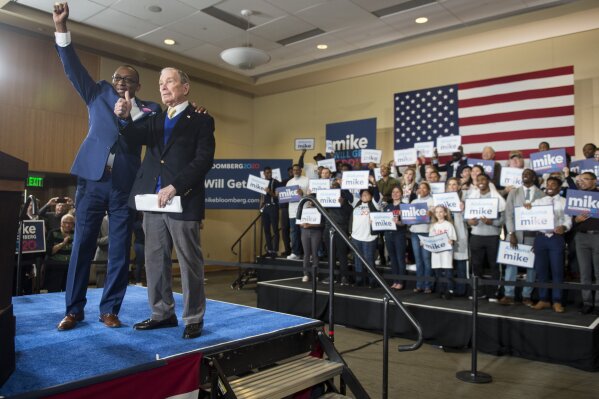 Alabama State Sen. Bobby Singleton introduces presidential candidate Mike Bloomberg during a rally at Alabama State University student center in Montgomery, Ala., on Saturday, Feb. 8, 2020. (Montgomery Advertiser via AP)
