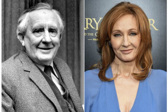
              This combination photo shows J.R.R. Tolkien, author of "The Lord of the Rings," series in 1967, left, and J. K. Rowling, author of the "Harry Potter" series at  the "Harry Potter and the Cursed Child" Broadway opening in New York on April 22, 2018. The effort to discover America's best-loved novel - and promote reading - will end with the winner announced on Tuesday's finale of PBS' "The Great American Read." The series profiled the contenders and let bookworms, famous and not, advocate for their pick. (AP Photo)
            