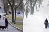 This two-image combination shows scenes from the mild day of February 13, 2023, on the left, and the snowy day of February 9, 2015, on the right, as people walk through the Boston Common in Boston.  Snowfall totals from Boston to Philadelphia in 2023 are well below average and warmer temperatures often result in more spring-like days than blizzard-like conditions.  (AP Photo/Steven Sene)