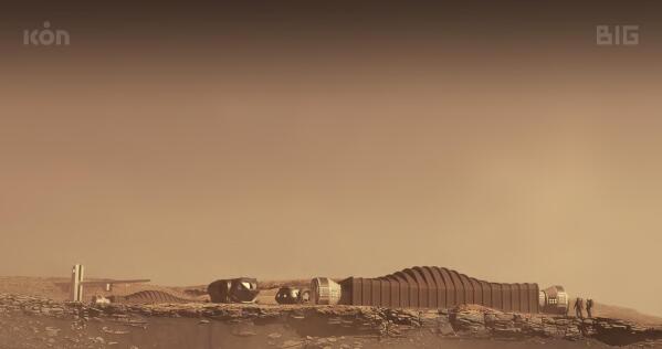 This photo provided by ICON and NASA in August 2021 shows a proposal for the Mars Dune Alpha habitat on Mars. To prepare for eventually sending astronauts to Mars, NASA began taking applications Friday, Aug. 6, 2021, for four people to live for a year in Mars Dune Alpha - a 1,700-square-foot Martian habitat, created by a 3D-printer, and inside a building at Johnson Space Center in Houston. The paid volunteers will work a simulated Martian exploration mission complete with spacewalks, limited communications back home, restricted food and resources and equipment failures. (ICON/NASA via AP)
