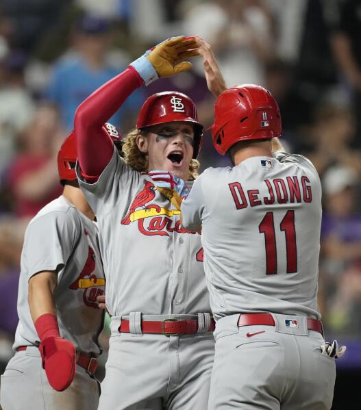 Harrison Bader of the St. Louis Cardinals in action against the