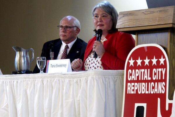 Republican Tara Sweeney, right, speaks Monday, May 16, 2022, at a forum in Juneau, Alaska, that was also attended by three other Republican candidates for Alaska's U.S. House seat, including John Coghill, left. Sweeney and Coghill are among 48 candidates in a June 11 special primary for the House seat left vacant by the death earlier this year of Republican Rep. Don Young. (AP Photo/Becky Bohrer)