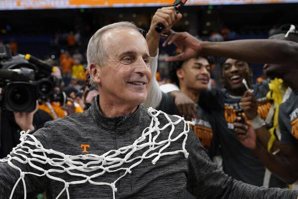 Tennessee head coach Rick Barnes celebrates after the team defeated Texas A&M during an NCAA men's college basketball Southeastern Conference tournament championship game, Sunday, March 13, 2022, in Tampa, Fla. (AP Photo/Chris O'Meara)