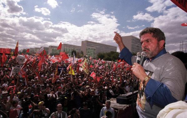 FILE - Honorary president of the Workers Party, Luiz Inacio Lula da Silva, speaks during a protest against the free-market reforms of President Fernando Henrique Cardoso, in Brasilia, Brazil, Aug. 26, 1999. (AP Photo/Beto Barata, File)