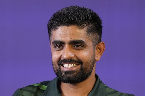 Pakistan's captain Babar Azam smiles during captain's press conference on the eve of ICC Men's Cricket World Cup in Ahmedabad, India, Wednesday, Oct. 4, 2023. Cricket World Cup begins on Thursday, Oct. 5. (AP Photo/Ajit Solanki)