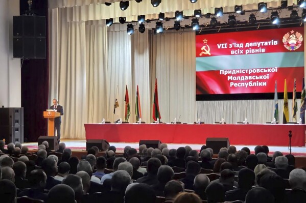 This image made available on the official Telegram channel of Supreme Council of the Pridnestrovian Moldavian Republic shows Alexander Korshunov, Chairman of the Pridnestrovian Moldavian Republic's Supreme Council, addressing delegates during a session in Tiraspol, the capital of the breakaway region of Transnistria, in Moldova, Wednesday, Feb. 28, 2024. Legislators in Moldova's Russia-backed breakaway region of Transnistria used a rare meeting on Wednesday to appeal to Moscow and the European Union and other international bodies for help amid mounting socio-economic pressure they blame on Moldova's pro-Western government. (Supreme Council of the PMR telegram channel via AP)