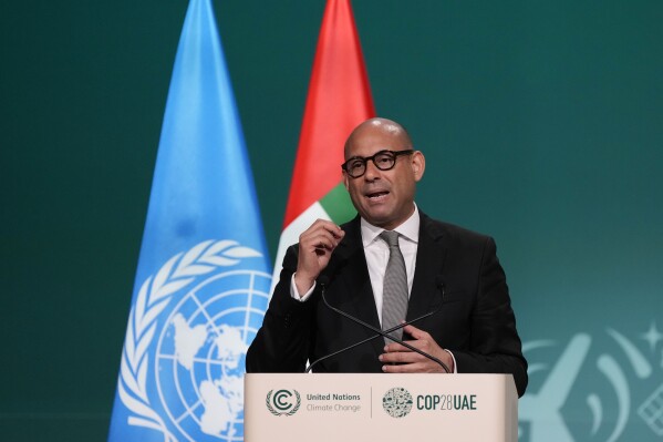 FILE - United Nations Climate Chief Simon Stiell speaks during a plenary session at the COP28 U.N. Climate Summit, Dec. 13, 2023, in Dubai, United Arab Emirates. (AP Photo/Kamran Jebreili, File)