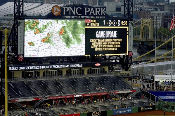 Reds-Pirates rained out. The game will be made up as part of a split  doubleheader Sunday