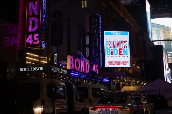 FILE - A marquee promoting a fundraiser with President Joe Biden is on display outside the Lunt-Fontanne Theatre in New York, Monday, Sept. 18, 2023. With an election year around the corner, Biden is accelerating his fundraising to prepare for an astronomically expensive campaign. (APPhoto/Susan Walsh, File)