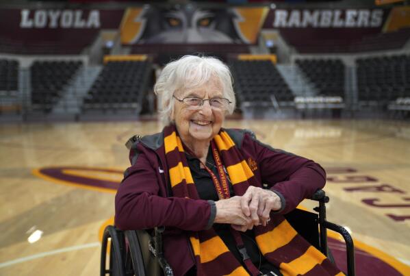 Sister Jean Dolores Schmidt, the Loyola University men's basketball chaplain and school celebrity, sits for a portrait in The Joseph J. Gentile Arena, on Monday, Jan. 23, 2023, in Chicago. The beloved Catholic nun captured the world's imagination and became something of a folk hero while supporting the Ramblers at the NCAA Final Four in 2018. (AP Photo/Jessie Wardarski)