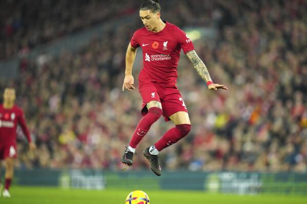 Liverpool's Darwin Nunez in action during the English Premier League soccer match between Liverpool and Southampton at Anfield stadium in Liverpool, England, Saturday, Nov. 12, 2022. (AP Photo/Jon Super)