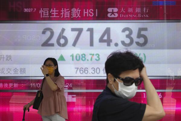 People walk past a bank's electronic board showing the Hong Kong share index in Hong Kong, Wednesday, Aug. 11, 2021. Asian stocks were mixed on Wednesday ahead of U.S. inflation data offering a glimpse at how the world’s largest economy is recovering. Japan, Shanghai and Hong Kong were up, while South Korea and Singapore declined.(AP Photo/Vincent Yu)