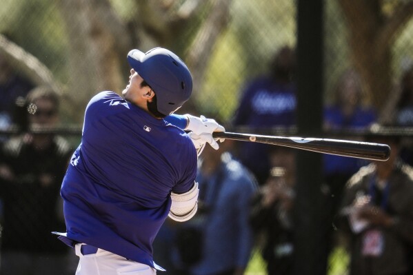 Los Angeles Dodgers designated hitter Shohei Ohtani participates in spring training baseball workouts at Camelback Ranch in Phoenix, Monday, Feb. 19, 2024. (APPhoto/Ashley Landis)