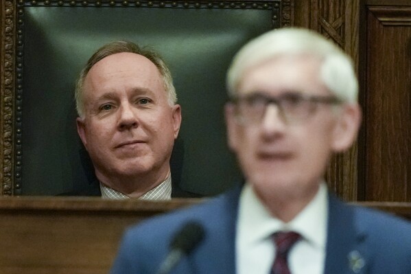 FILE - Assembly Speaker Robin Vos watches Wisconsin Gov. Tony Evers give his annual State of the State address, Tuesday, Jan. 23, 2024, in Madison, Wis. A Republican proposal to legalize medical marijuana in Wisconsin is dead. Vos said Thursday, Feb. 15, 2024, that there will still be a public hearing to build support for passage next session, but it won't occur until after the Assembly has adjourned for this year. (AP Photo/Morry Gash, File)