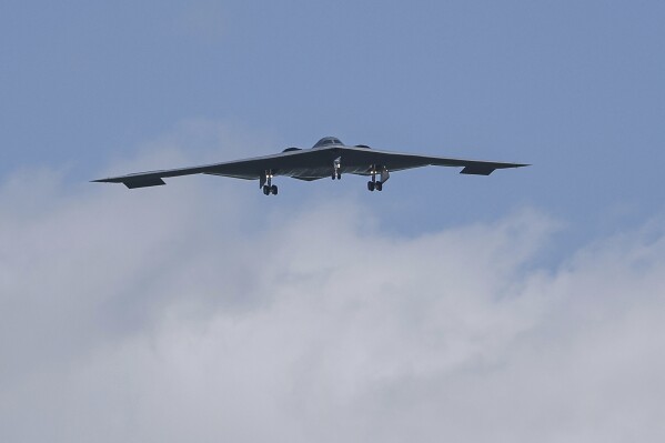 A B-2 bomber arrives at Whiteman Air Force Base Mo., Sunday, June 22, 2025. (AP Photo/David Smith)