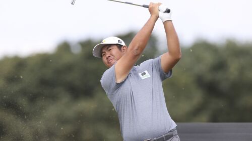 South Korea's An Byeong-hun in action on the 9th tee, during round one of the Scottish Open 2023 at The Renaissance Club, in North Berwick, Scotland, Thursday, July 13, 2023. (Steve Welsh/PA via AP)