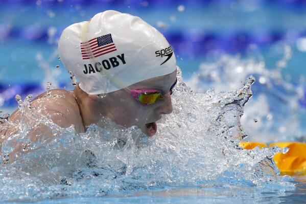 Lydia Jacoby of the United States swims during a semifinal in the women's 100-meter breaststroke at the 2020 Summer Olympics, Monday, July 26, 2021, in Tokyo, Japan. (AP Photo/Martin Meissner)
