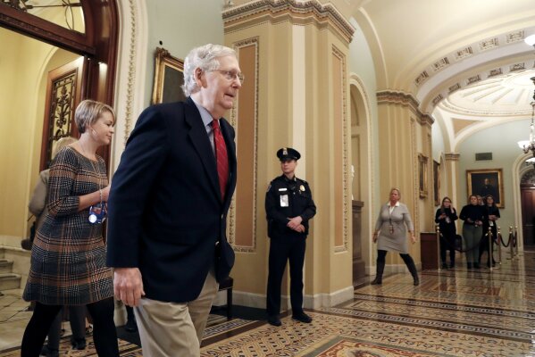 Senate Majority Leader Mitch McConnell of Ky., laves the Senate chamber at the Capitol in Washington at the completion of a session in the impeachment trial of President Donald Trump on charges of abuse of power and obstruction of Congress, Saturday, Jan. 25, 2020. (AP Photo/Julio Cortez)