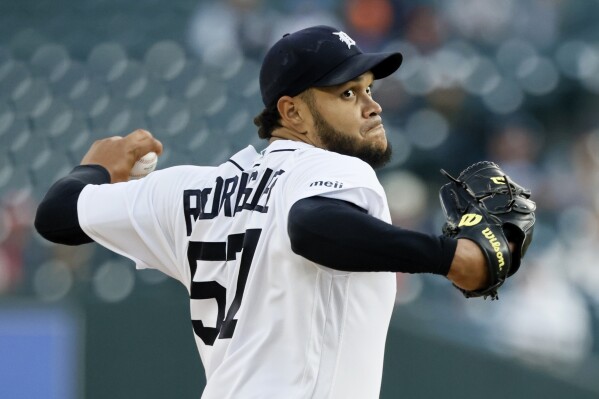 FILE - Detroit Tigers' Eduardo Rodriguez pitches to a Cincinnati Reds batter during the second inning of a baseball game Sept. 13, 2023, in Detroit. Rodriguez opted out of the last three seasons and $49 million of his contract with the Tigers to become a free agent. Gene Mato confirmed his clients decision Saturday, Nov. 4. (AP Photo/Duane Burleson, File)