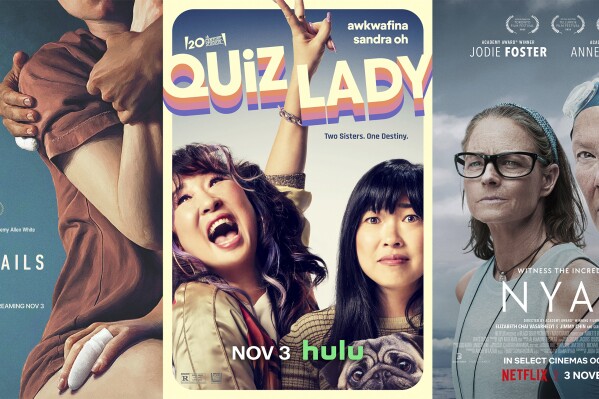 This combination of photos show promotional art for the films "Fingernails," from Apple TV+, left, "Quiz Lady," from Hulu, center, and "Nyad," from Netflix. All three films are available for streaming on Friday, Nov. 3. (Apple TV+/Hulu/Netflix via AP)