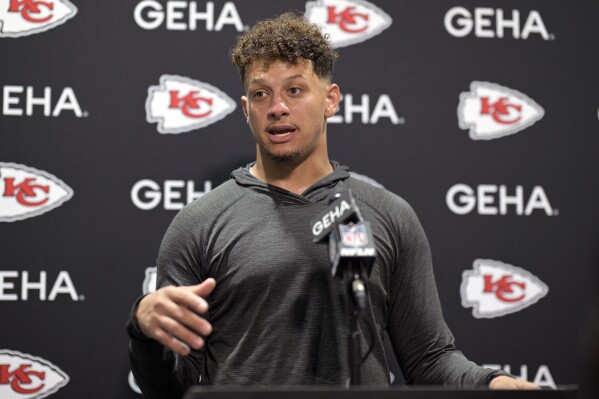 Kansas City Chiefs quarterback Patrick Mahomes speaks at a news conference after an an NFL football game, Sunday, Sept. 17, 2023, in Jacksonville, Fla. (AP Photo/Phelan M. Ebenhack)