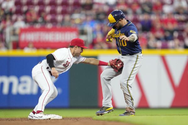 Hunter Renfroe of the Milwaukee Brewers beats a tag at second base
